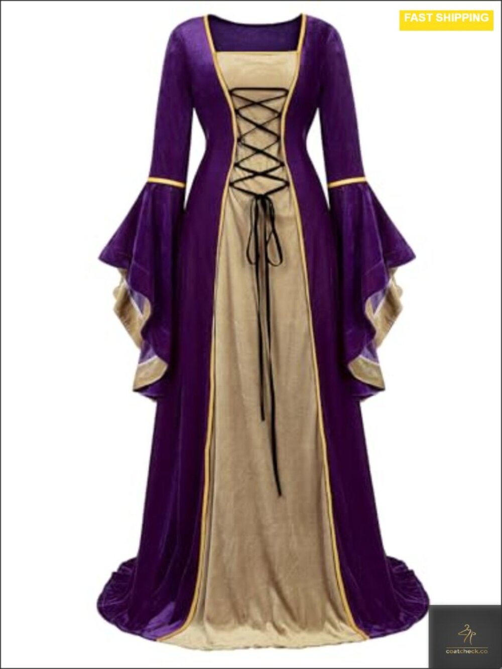 Women's Renaissance Medieval Costume Velvet Maxi Dress Long Sleeve